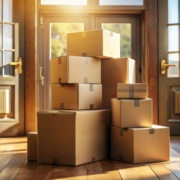 A stack of cardboard boxes sits inside a home near an open door, bathed in the warm glow of sunlight streaming through the windows.